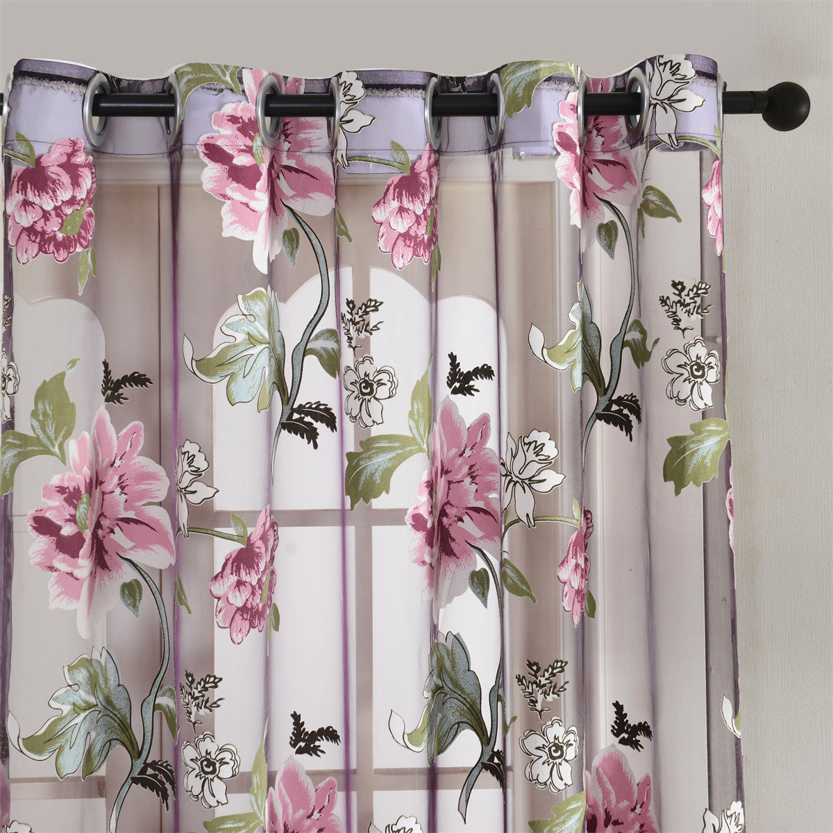 2pcs Classic Peony Floral Yarn Curtains, Living Room Bedroom Girl Room Tulle Eyelet Grommet Top Purple Pink Curtains Home Decor